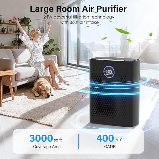 Air Purifiers for Home Pets Up to 3000Ft², H14 HEPA Large Room Air Purifier with PM2.5 Air Quality Monitor, Sleep Mode, Air Purifiers for Bedroom Office for Allergies, Smoke, Dust, Pollen,8000B,Black