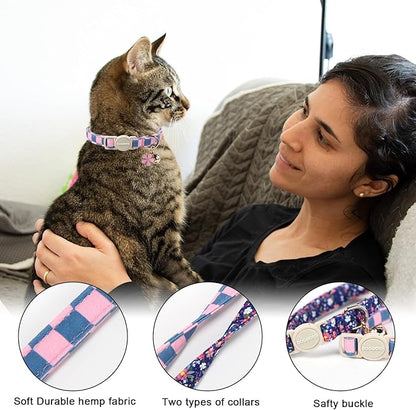 2 Pack Flower Cat Collars Breakaway with Bell, DOGWONG Safety Buckle Blue Plaid Cute Cat Collar for Girl Boy Cats，Adjustable 7-12 Inch