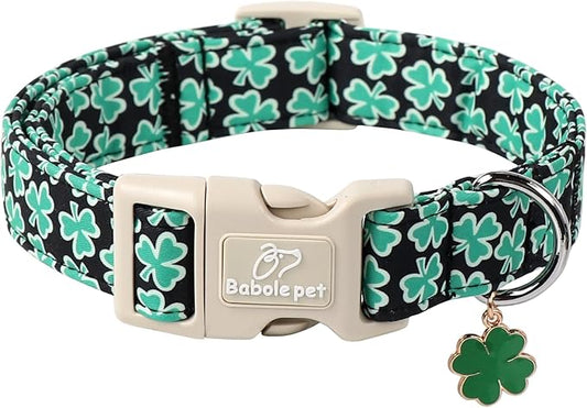 St Patricks Day Dog Collar for Large Dogs - Green Lucky Shamrock Boy Dog Collars, Irish Clover Pattern Black Male Puppy Collar with Quick Release Buckle L