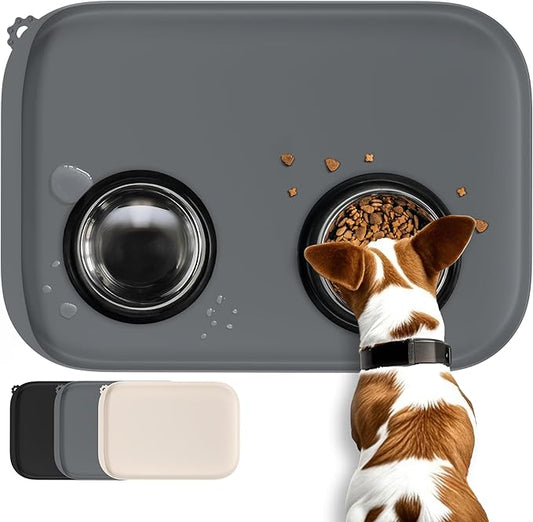 Silicone Dog Food Mat with Side Pocket & Hook Hole, Soft Raised Edges, Easy Clean Waterproof Non-Slip Pet Feeding Mat for Cats and Dogs Water Bowl, Pets Accessories(18"x12",Grey)