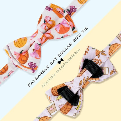 Faygarsle 2 Pack Fall Pumpkin Cat Collar with Bow Tie and Bell, Breakaway Safety Buckle, Pink and White