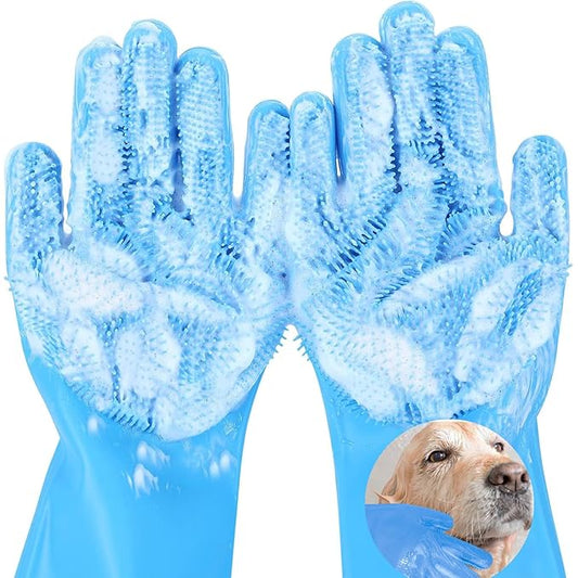 Dog Washing Gloves for Shedding & Bathing - 5-Finger Deshedding & Massage Gloves for Dogs & Cats, Reusable Heat-Resistant Silicone Brush Gloves, Gentle Hair Removal & Bathing Aid (Pair) (Blue)