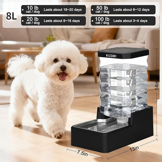 RIZZARI Stainless Steel Dog Dispenser: 8L Large Capacity Gravity Waterer - Clear Tank Water Level View -No Mess Keeps Floors Dry- No Power Needed - for Medium Dogs - Kitchen Corner/Crate Area