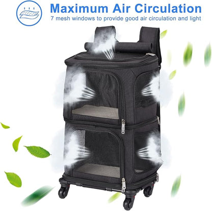 Double Pet Carrier Backpack with Wheels for Small Cats and Dogs, Rolling Cat Travel Carrier, Super Ventilated Design, Ideal for Traveling/Hiking/Camping, Black