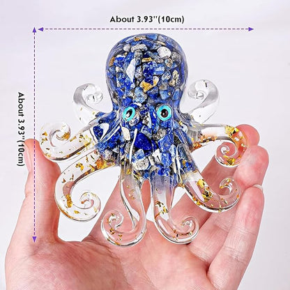 Natural Crystal Lapis Lazuli Gravel Octopus Resin Marine Animals Fish Tank Decorative Ornaments Statue Healing Crystal Home Decor Ladies Gift 3.93"
