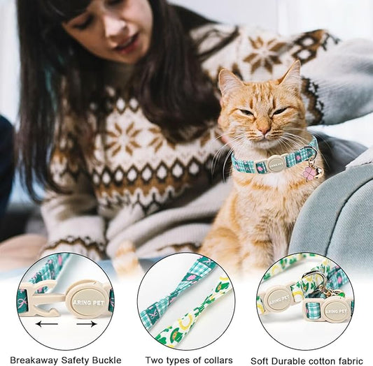 ARING PET 2 Pack St Patrick's Day Cat Collar, Breakaway Kitten Small Cute Green Lucky Clover Shamrock Collars with Bells for Girl Boy Cats
