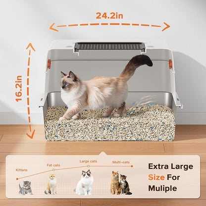 XL Premium Stainless Steel Enclosed Cat Litter Box with Lid, Extra Large Heavy-Duty Metal Litter Box for Big Cats & Multi-Cat Homes|Leak-Proof, Odor-Locking, Non-Stick Surface | Easy Clean (White)