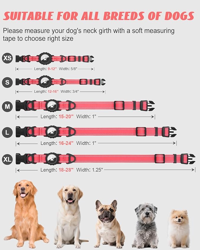 Joytale Airtag Dog Collar, Reflective Pet Collar with Waterproof AirTag Holder, Dual D-Rings, Soft Padded Adjustable for Extra Small and Puppy Dogs, Neon Pink, XS