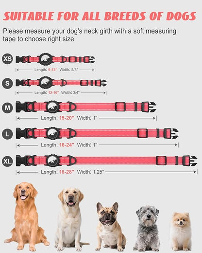 Joytale Airtag Dog Collar, Reflective Pet Collar with Waterproof AirTag Holder, Dual D-Rings, Soft Padded Adjustable for Large Dogs, Neon Pink, L