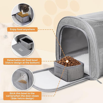 Cat Carrier Soft for Pets Up to 25 Lbs, Cat Travel Bag with Padded Shoulder Strap and Detachable Cat Food Bowl, Pet Dog Carriers for Small Dogs Travel Puppy Carry Airline Approved, Grey