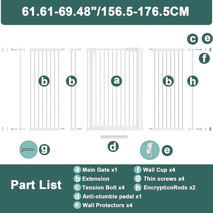 40.55" Tall, 61.61-69.48 Inch Wide, 1.37" Ultra Narrow Spacing Dog Pet Baby Gate Indoor for Doorway Hallway, Pressure Mounted 62 63 64 65 66 67 68 69 Inches Wide
