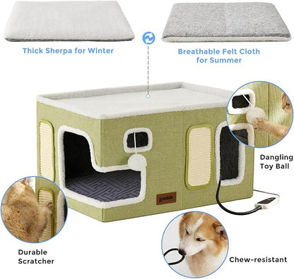 Heated Cat House for Indoor Cats - Large Cat Warming Bed for Winter with Fluffy Ball Hanging and Adjustable Heating Pad, Foldable Cat Hideaway,23x16.5x13 inches, Green