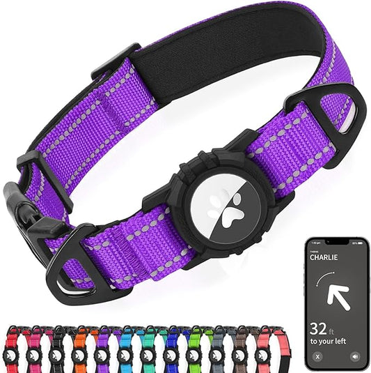 Joytale Airtag Dog Collar, Reflective Pet Collar with Waterproof AirTag Holder, Dual D-Rings, Soft Padded Adjustable for Extra Small and Puppy Dogs, Purple, XS