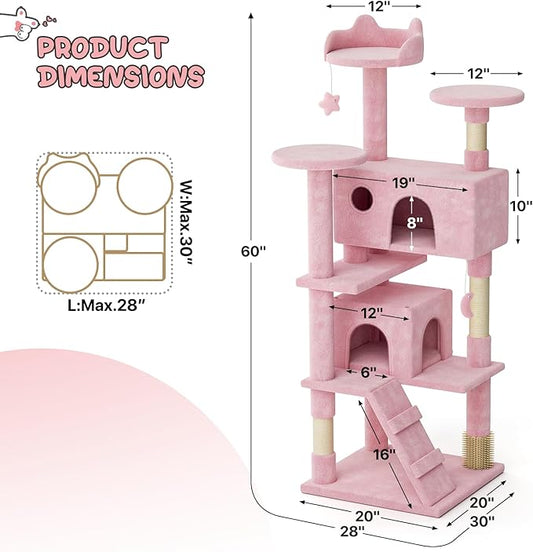 MoNiBloom 60 Inch Cat Tree Tower for Indoor Cats Large Adults, Pink Cat Tower with Scratching Post, Multi-Level Furniture Activity Center with Cat Condo Pet Play House, Soft Pink