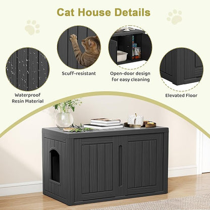 Cat Litter Box Enclosure, Hidden Enclosed Litter Box Furniture with Adjustable Partition, Multi-Functional Outdoor Cat House, Side Table, Easy to Clean, Dark Black