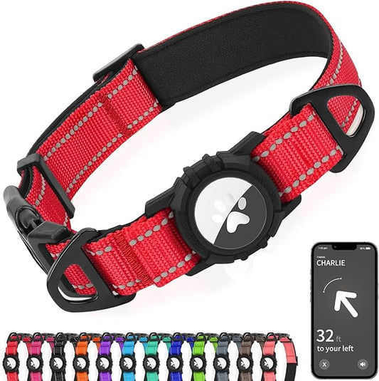 Joytale Airtag Dog Collar, Reflective Pet Collar with Waterproof AirTag Holder, Dual D-Rings, Soft Padded Adjustable for Small Dogs, Red, S