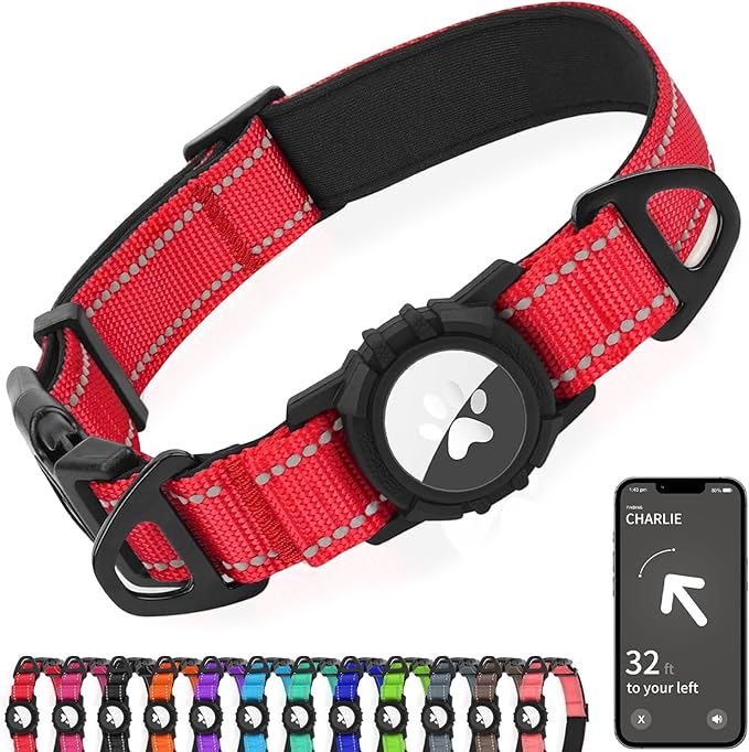 Joytale Airtag Dog Collar, Reflective Pet Collar with Waterproof AirTag Holder, Dual D-Rings, Soft Padded Adjustable for Medium Dogs, Adjustable Length 15"-20", Red, M