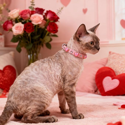 EXPAWLORER Valentine's Day Leather Cat Collar for Girl Boy- Adjustable Pet Collar with Safety Elastic Belt,Personalized Rhinestone Accessories Buckle Collars with Bell & Durable D-Ring,Heart (Pink)