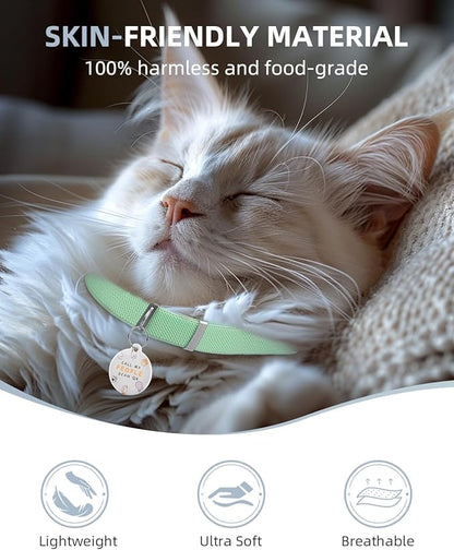 Cat Collar with Bell for Girl & Boy Cats - Non Breakaway Stretch Elastic Quick Release, Lightweight Kitten Collar, Adjustable & Durable Pet Accessories, Gifts for Cat Lovers, Green