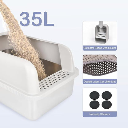Henkelion 2 Pack Stainless Steel Cat Litter Box with Lid, 24" L x 16" W x 11.8" H, Extra Large Litter Box for Big Cats with High Sided, Anti-Urine Leakage, Easy Cleaning, Include Cat Mat and Scoop