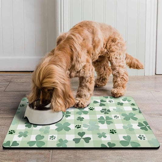 St Patricks Day Dog Food & Water Mat, Green Shamrocks Paw Prints Clover Pet Feeding Mat for Floor Non-Slip Waterproof, Super Absorbent Cat Bowl Mat, Easy to Clean Pet Placemat,16" × 24"