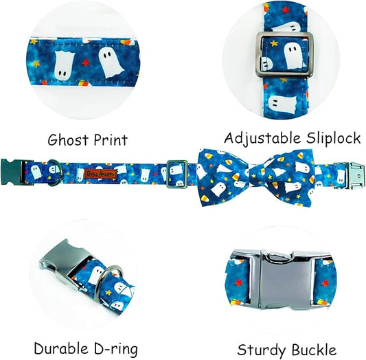 Halloween Dog Collar, Ghost Print Adjustable Pet Collar Blue Cute Cotton Soft Collars with Bow Tie Fall Metal Buckle Holiday Puppy Collars Boy&Girl Gift for Small Dogs