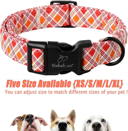 Fall Dog Collar, Fall Orange and Red Plaid Puppy Collar, Adjustable Cotton Holiday Tanksgiving Dog Collars for Small Medium Large Boy&Girl Dogs L