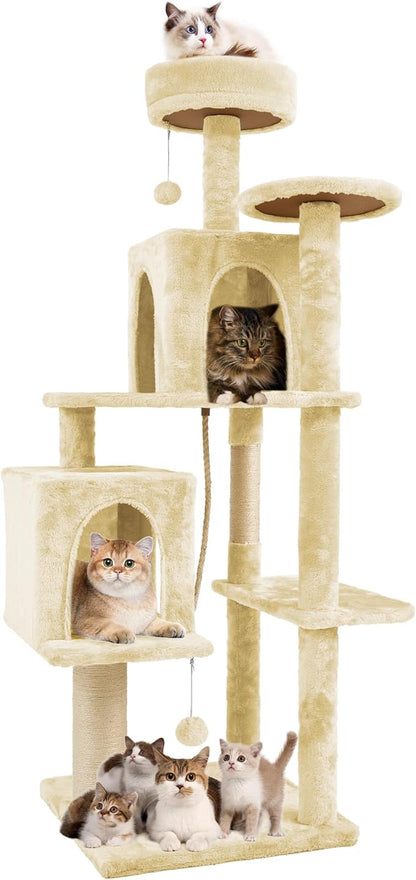 58.5inch Large Cat Tree Tower Condo for Indoor Cats, Soft Plush Multi-Level Climbing Tree Cat House, Scratching Post, More Entrance/Exit, Sisal Rope, Beige Almond