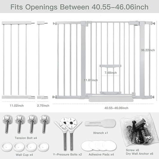 37 Inch Tall Baby Gate with Small Cat Door, Adjustable 29.55" and 46.06", Auto Close Safety Child Gate for Stairs, Doorway, House, Pressure Mounted