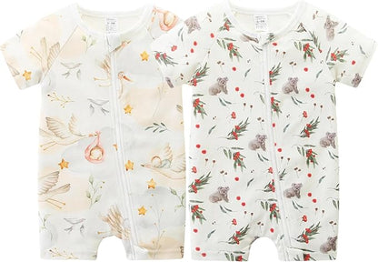 Unisex Summer Trendy 2-Pack Rompers Short Sleeve Zipped Bodysuit Infant Cotton Outfits