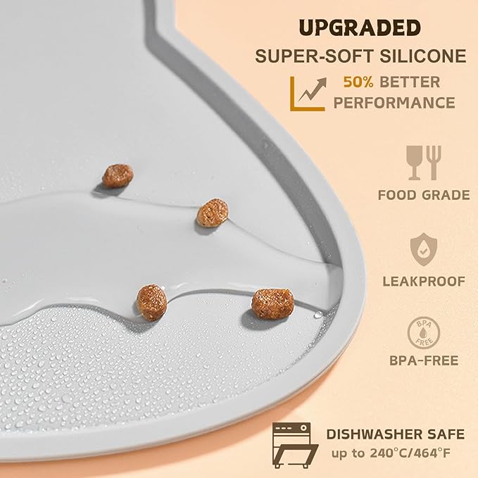 Cat Food Mat, Silicone Pet Feeding Mat for Floor Non-Slip Waterproof Dog Water Bowl Tray Cushion (20" x 12", Light Gray)