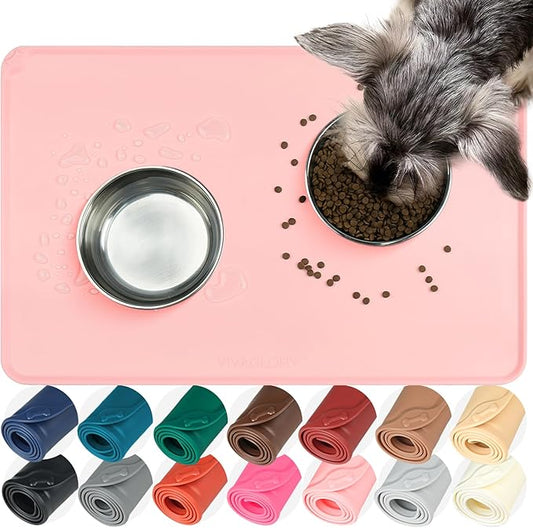 VIVAGLORY Dog Food Mat Flexmat Dog Bowl Mat, Placemat Food Tray with Raised Edges & Lip for Indoor Floor, Non Slip Waterproof Silicone Dish Placemat for Cat & Pet, L, Sakura Pink