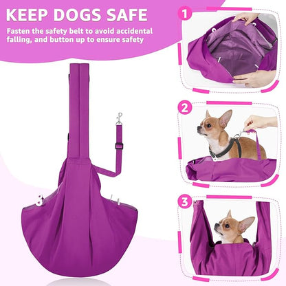 SlowTon Dog Carrier Sling - Thick Padded Shoulder Strap Adjustable Dog Carriers for Small Dogs, Puppy Carrier Purse for Pet Cat with Front Zipper Pocket Safety Belt Machine Washable (Purple S)