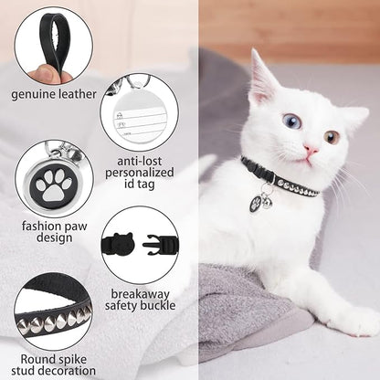 Leather Personalized Breakaway Cat Collar with Studded Bell and Safety Quick Release Buckle - Rivets Studded ID DIY Collars for Boy Girl Cats Kittens, Black XS