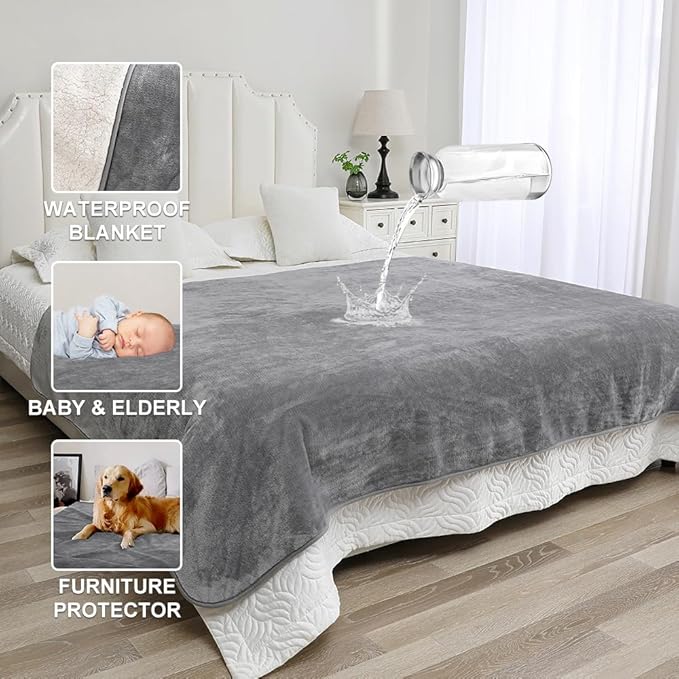 Waterproof Blanket for Pets – Ideal for Couch & Bed Splash Proof Sherpa Throw, Leakproof TPU Layer, Stain Resistant Washable Bed Protector – LightGray, 60"x40"