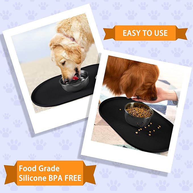 100% Waterproof 0.5" Raised Edge BPA Free Silicone Dog Food Mat, Pet Cat Feeding Mats Contain Spills Protects Floors, Placemats for Cats and Dogs Water Bowl Dishwasher. (Small, Black)