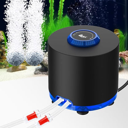 AQQA Aquarium Air Pump, Quiet Powerful Fish Tank Air Pump 3W/6W/10W with Stainless Steel Dual Outlet, Adjustable Oxygen Aerator Pump with Air Stone Bubbler for Fish Tank Up to 200 Gallon 10W (Tubby)