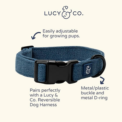 Lucy & Co. Dog Collar - Durable Lightweight Designer Collar for Pets - Adjustable Metal Safety Buckel. - Blue Denim - Small
