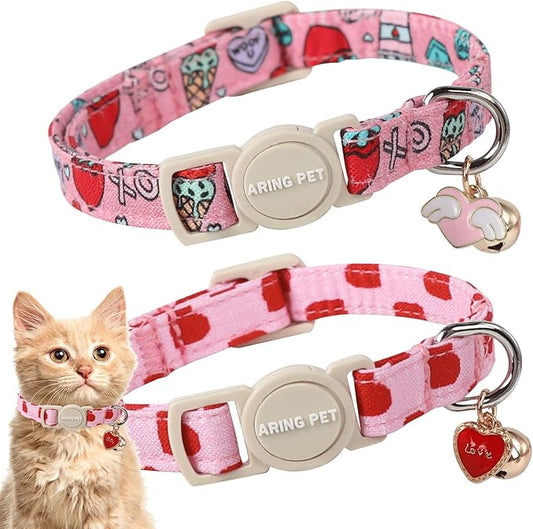 ARING PET 2 Pack Valentine's Day Cat Collars-Cute Heart Cat Collar Breakaway with Bell&Pendant, Adjustable Valentine Kitten Collars with Safety Buckle for Girl and Boy Cats