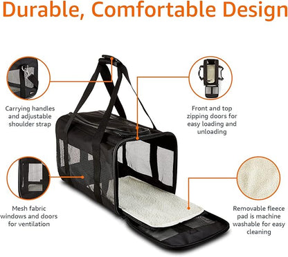 Amazon Basics Airline Approved Soft-Sided Mesh Pet Travel Carrier with Shoulder Strap, Portable, Washable Removable Fleece Pad for Dog, Cat, up to 16 pounds, 16.5" L x 10.6" W x 11" H, Black