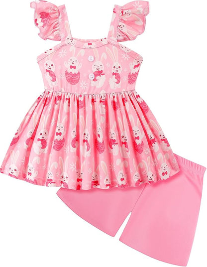 Toddler Baby Girls Summer Clothes Outfits Ruffled Sleeve Dinosaur Shirt Leopard Tops and Shorts Pants Sets 2PCS