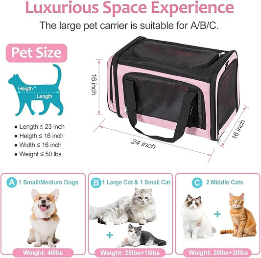 Discala Extra Large Cat Carrier for 2 Cats, Pet Carrier, Dog Carrier for Small Dogs, Cat Carrier Soft, Collapsible Large Pet Carrier for Traveling Indoor and Outdoor Uses - Pink 24"x16"x16"