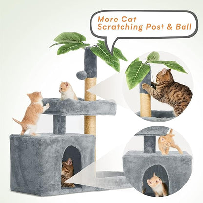 31.5in Multi-Level Cat Tower with Sisal Scratching Posts, Hidden Cave & Perch Platform, Large Cat Condo for 1-3 Cats, Eco-Friendly Pet Furniture with Realistic Leaves, Grey