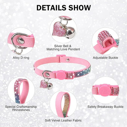 Rhinestone Cat Collar Breakaway with Bell, Diamond Cat Collar with Safety Buckle Quick Release for Girl Boy Small Kitten Pets Puppy,Cute Soft Female Male Cat Collars, Colorful Pink 8-12"