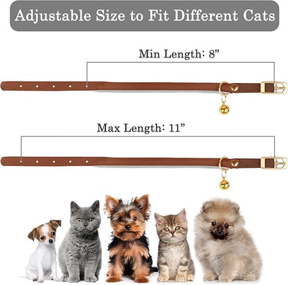 OOPSDOGGY Rolled Leather Cat Collar with Bell - Reflective Kitten Collar with Safety Elastic Strap - Adjustable Small Pet Collars for Boy Girl Cats (Brown)