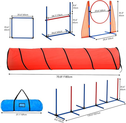 YITAHOME Dog Agility Training Equipment Set with Flexible Tunnel, Hurdle, Jump Ring, 6 Weave Poles, Pause Platform, Teaser Pole and Carry Bags for Indoors Outdoors, Orange/Blue