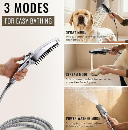 G-Promise 3 Mode Dog Shower Attachment with Pause Mode, Dog shower Sprayer with 118 Inches Stainless Steel Hose, Metal Diverter, Adhesive Holder, for Fast and Easy Dog Bathing and Cleaning(Chrome)