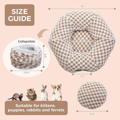 PEQULTI Cat Tunnel with Cat Bed for Indoor Cats, Cat Play Donut Tunnel with Washable Soft Plush Mat, Round Tunnel Toys Cute Tube for Kittens, Puppies, Rabbits and Ferrets, Brown