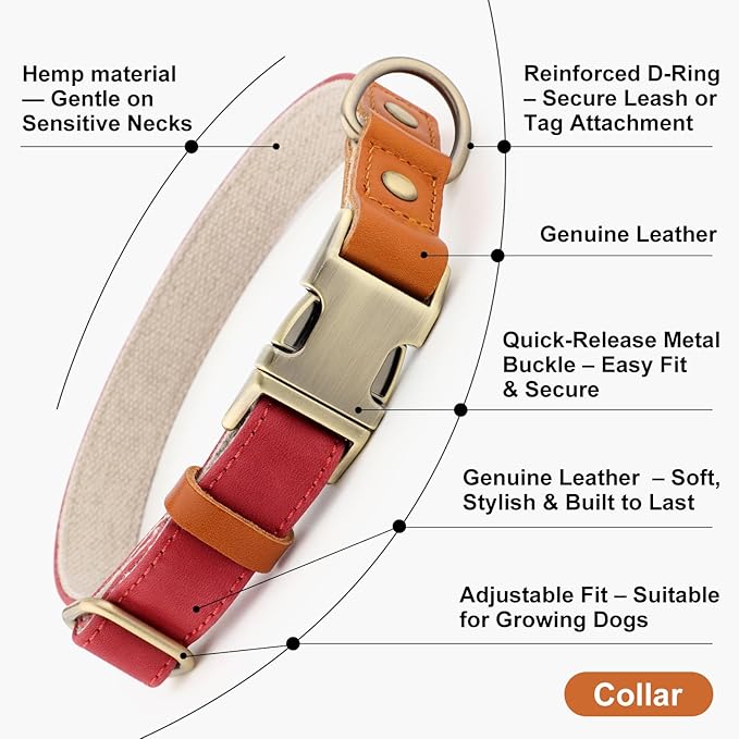 Plutus Pet Genuine Leather & Hemp Dog Collar – Adjustable Heavy Duty Pet Collar with Quick Release Metal Buckle, Soft & Stylish for Puppy and Small, Medium, Large Dogs (Red, M)