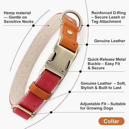 Plutus Pet Genuine Leather & Hemp Dog Collar – Adjustable Heavy Duty Pet Collar with Quick Release Metal Buckle, Soft & Stylish for Puppy and Small, Medium, Large Dogs (Red, L)